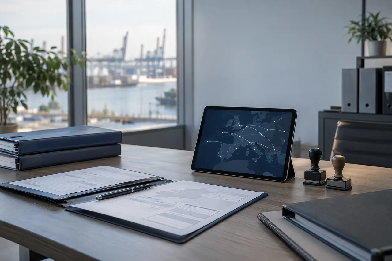 Carpetas de documentación, sellos y una tablet con un mapa de rutas sobre la mesa de una oficina de tráfico.