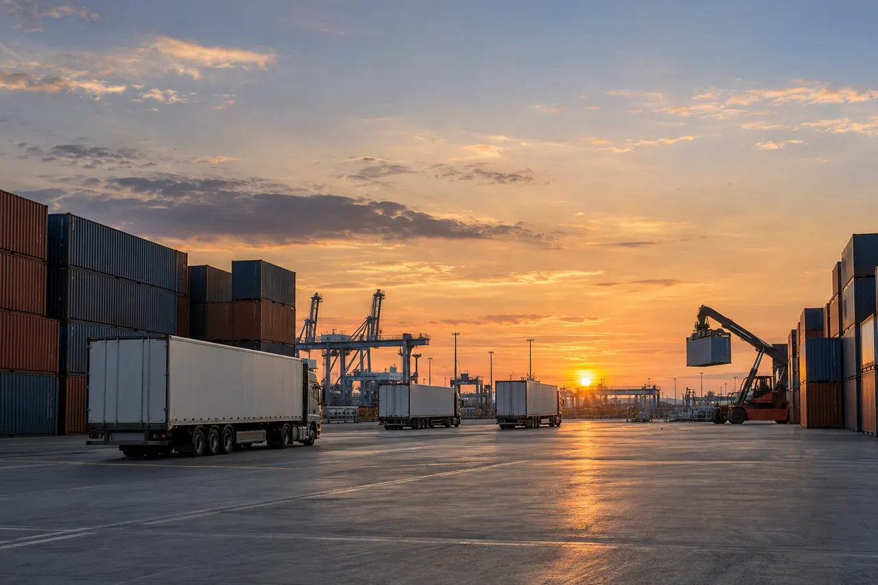 Remolques y contenedores en una terminal de carga al caer la tarde.