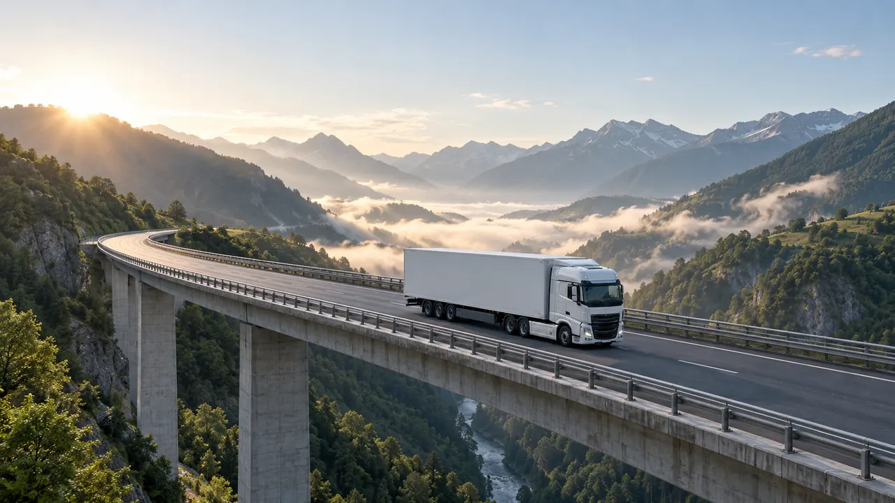Un camión articulado cruza un viaducto entre montañas verdes con niebla baja a primera hora.
